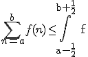3$ \Bigsum_{n=a}^b~f(n)\le \rm \Bigint_{a-\frac{1}{2}}^{b+\frac{1}{2}} f
